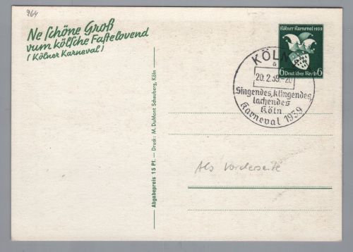 Ganzsache Dt. Reich - P276 Karneval Köln mit Sonderstempel Köln