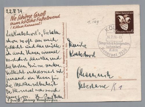 Ganzsache Dt. Reich - P277 Karneval Köln Sonderstempel Köln
