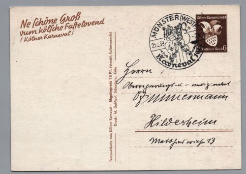 Ganzsache Dt. Reich - P277 Karneval Köln Sonderstempel Münster