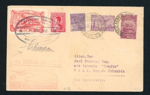 Zeppelin Beleg 1. Südamerikafahrt Brasilianische Post Rio - Kolumbien , Lehmann