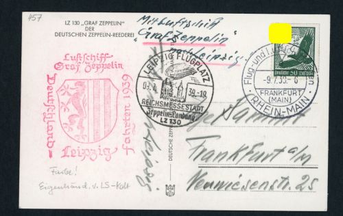 LZ 130 Graf Zeppelin Leipzig 1939 von Kapitän Sam geschrieben, Stempel rotlila!