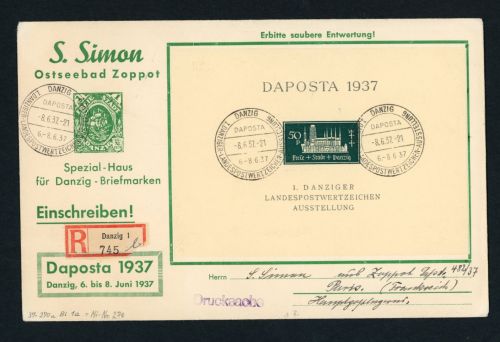 Danzig Block Nummer 1a , Einschreiben Daposta Danzig nach Paris 1937