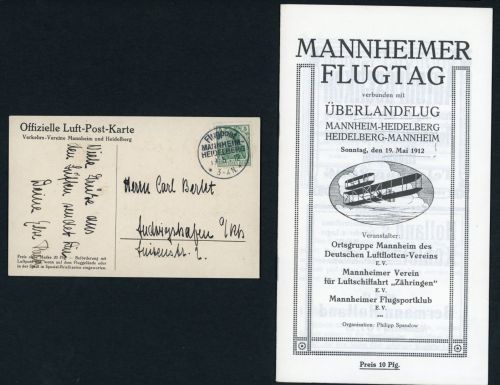 Dt. Reich offizielle Flugpostkarte Mannheim Heidelberg 1912 n. mit Broschüre