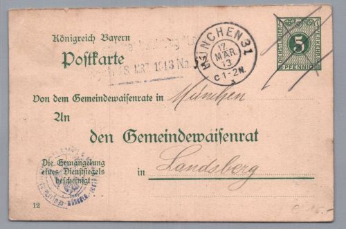 Bayern Dienst Ganzsache München an den Gemeindewaisenrat Landsberg 1913