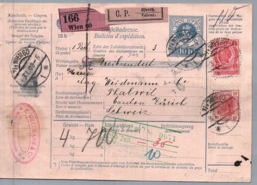 Österreich MiFr Paketkarte Wien nach Thalwil Zürich 1908