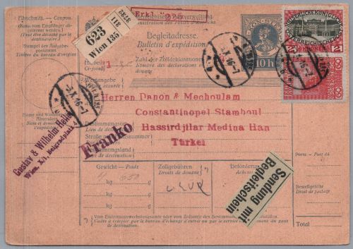 Österreich MiFr Paketkarte Wien nach Konstantinopel 1916