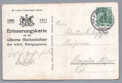 Ganzsache Zur Erinnerung Hochzeit Württemberg 1886 - 1911