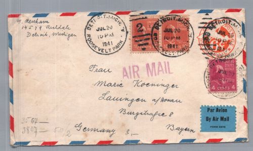 USA Lufpostbrief Detroit nach Lauingen 1941 + Zensur