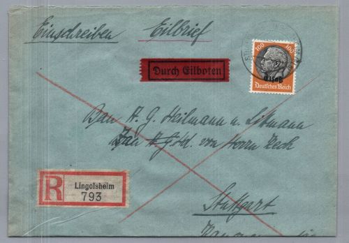 Dt.Reich Besetzung Elsaß Eilboten Brief Einschreiben Straßburg n. Stuttgart 1941