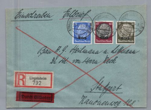 Dt.Reich Besetzung Elsaß Einschreiben Straßburg nach Stuttgart 1941