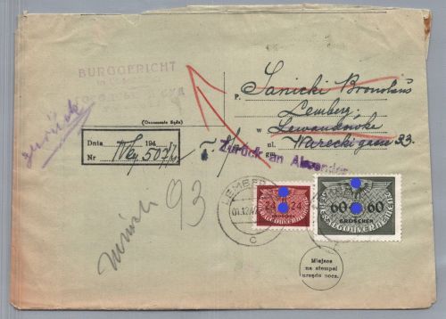 Generalgouvernement MiFr Lemberg 1943 - zurück an Absender