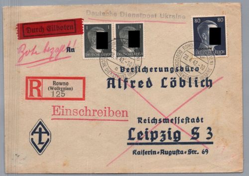 Deutsches Reich Diensstpost Ukraine Einschreiben Rowno nach Leipzig 1942
