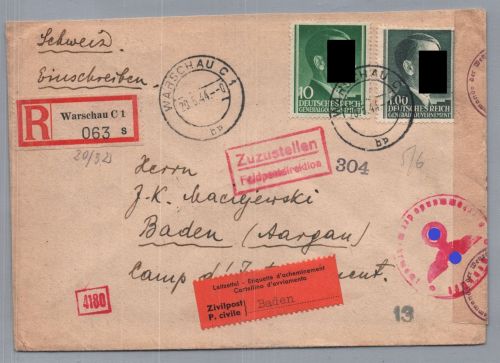 Generalgouvernement MiFr Einschreiben Warschau nach Baden Aargau Schweiz 1944