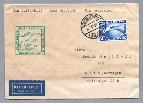 Zeppelin Beleg Graf Zeppelin Nordlandfahrt 1930 nach Oslo Norwegen