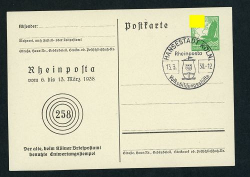 Ganzsache Rheinposta 1938 mit Sonderstempel Köln