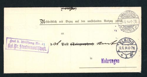 Dienstsache Staatsanwaltschaft Braunsberg nach Elbing 1914