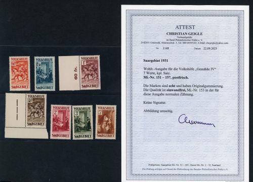 Saargebiet Michel Nummer 151 - 157 postfrisch Attest
