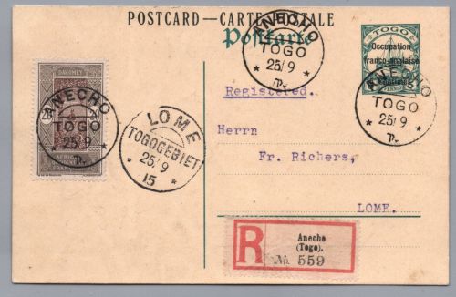 Postkarte Togo -Französische Besatzung - Einschreiben Anecho nach Lome 1915