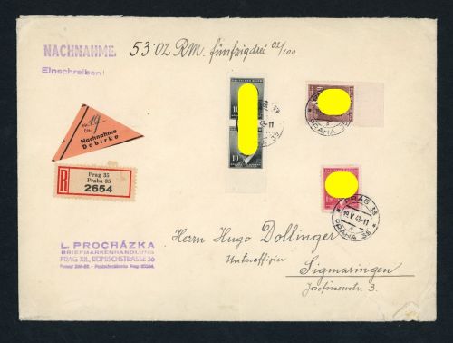Böhmen + Mähren Nachnahme - MiFr Einschreiben Prag n. Sigmaringen 1943