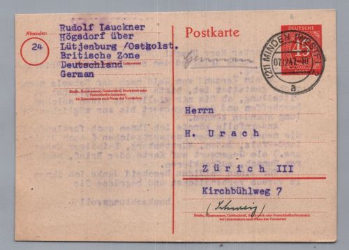 Ganzsache Alliierte Besetzung 45 Pf. Ziffer - Minden n. Zürich Schweiz 1947