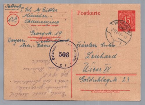 Ganzsache Alliierte Besetzung 45 Pf. Ziffer + Zensur - Rosenheim nach Wien 1947