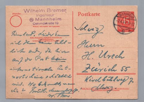 Ganzsache Alliierte Besetzung 45 Pf. Ziffer - Mannheim nach Zürich Schweiz 1948