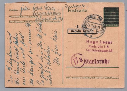 Alliierte Besetzung Schwärzung - Gebühr bezahlt - Durmersheim n. Karlsruhe 1945