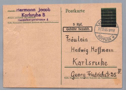 Alliierte Besetzung Schwärzung Gebühr bezahlt - Karlsruhe 1945
