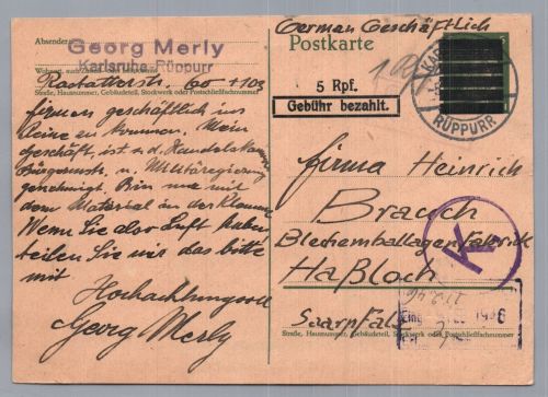 Alliierte Besetzung Schwärzung Gebühr bezahlt - Karlsruhe nach Haßloch 1945