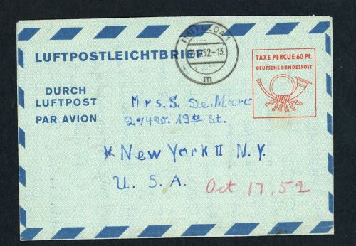 Bund Ganzsache Luftpostleichtbrief LF6 - Fulda nach New York 1952