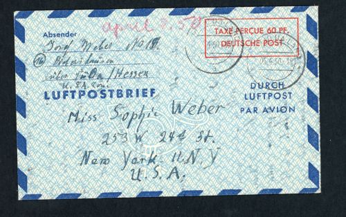 Bund Ganzsache Luftpostleichtbrief LF5 - Fulda nach New York 1950