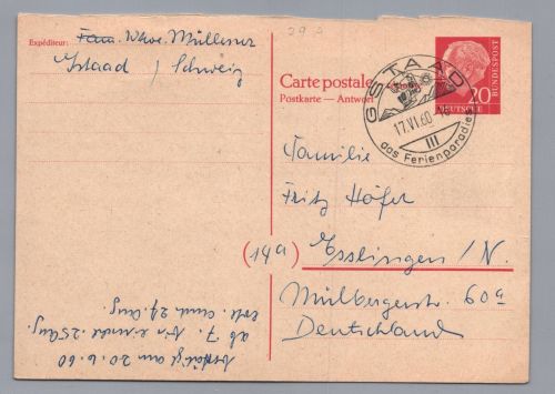 Bund Ganzsache Heuss mit Antwortkarte P 34 A - Gstad nach Esslingen 1960