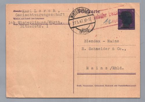 Alliierte Besetzung Schwärzung - Aufbrauch + Gebühr bezahlt - Winterlingen 1947
