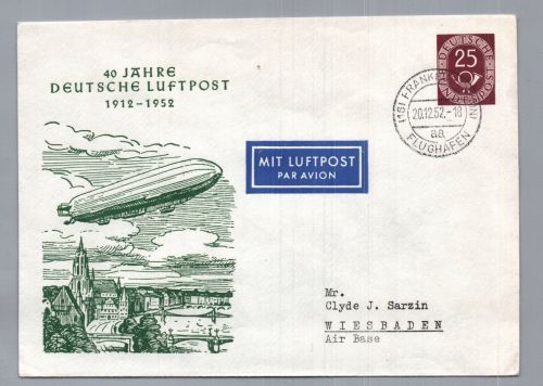 Bund Ganzsache Luftpost - Frankfurt nach Wiesbaden 1952