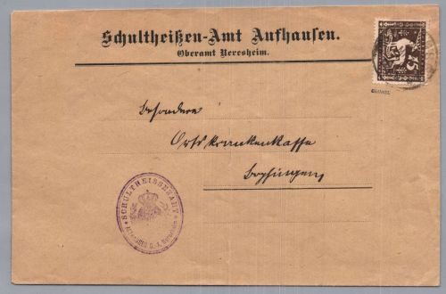 Württemberg Dienstmarke MiNr. 145 - Aufhausen nach Bopfingen 1920