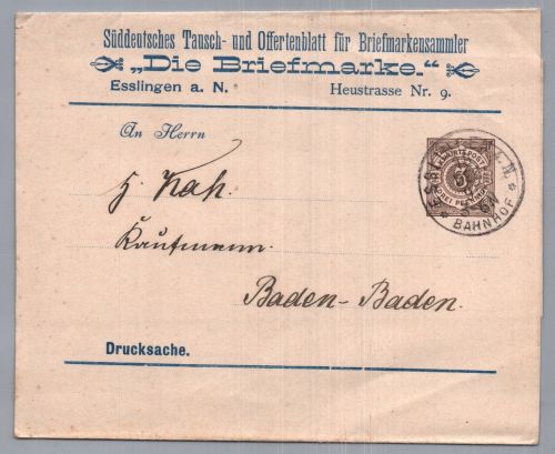 Württemberg Streifband Ganzsache - Esslingen nach Baden Baden 1895