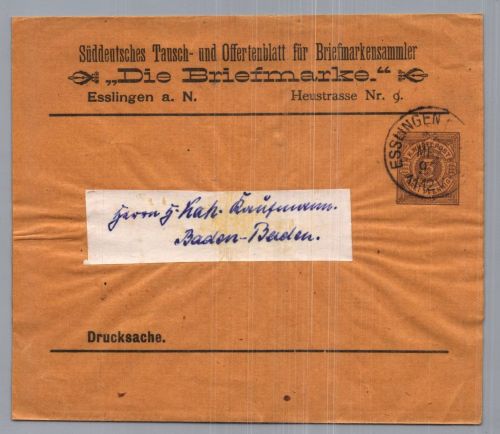 Württemberg Streifband Ganzsache - Esslingen nach Baden Baden 1895