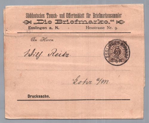 Württemberg Streifband Ganzsache - Esslingen nach Lohr 1896