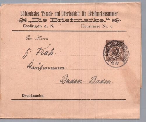 Württemberg Streifband Ganzsache - Esslingen nach Baden Baden 1896