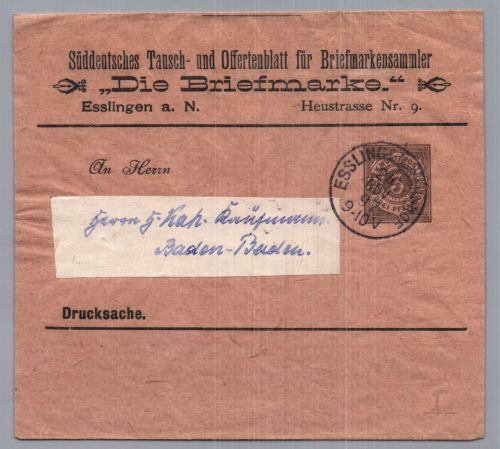 Württemberg Streifband Ganzsache - Esslingen nach Baden Baden 1897