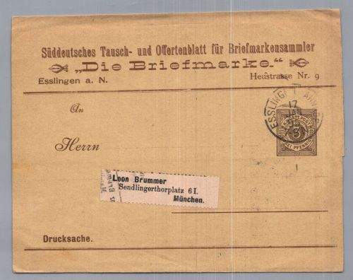 Württemberg Streifband Ganzsache - Esslingen nach München 1895