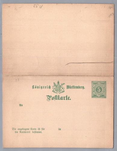 Württemberg Ganzsache P 33 - ohne Strich unter der 3. Zeile - ungebraucht