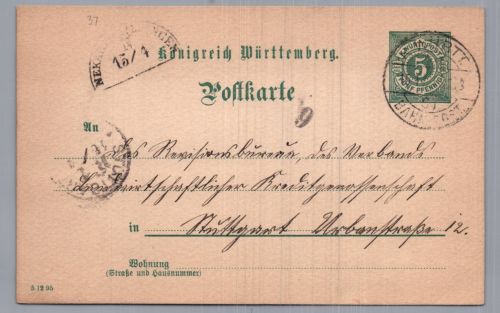 Württemberg Ganzsache - Halbkreis Stempel Neckartailfingen nach Stuttgart 1896