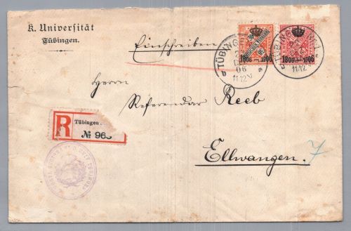 Württemberg Dienstbrief Einschreiben Uni Tübingen - MiNr 223 nach Ellwangen 1906