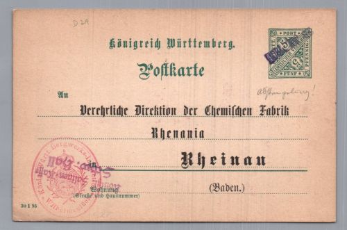 Württemberg Ganzsache - Bergwerk Salzsteuer - Schwäbisch Hall 1893