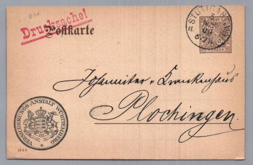 Württemberg Ganzsache - Versicherungsanstalt Stuttgart nach Plochingen 1909