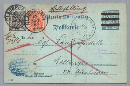 Württemberg Ganzsache D40 - durch Eilboten - Blaubeuren nach Nellingen 1909