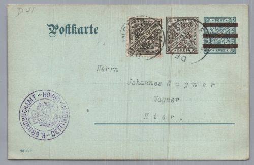 Württemberg Ganzsache - Grundbuchamt Dettingen 1919