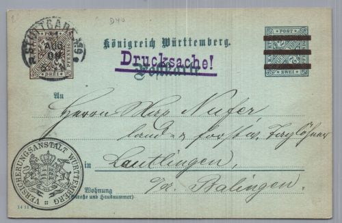 Württemberg Ganzsache Drucksache Stuttgart nach Lautlingen 1909