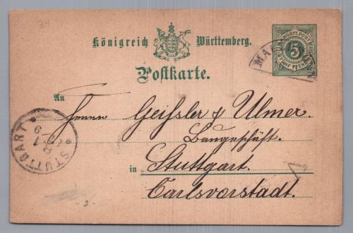 Württemberg Ganzsache - Halbkreis Stempel Maulbronn nach Stuttgart 1893